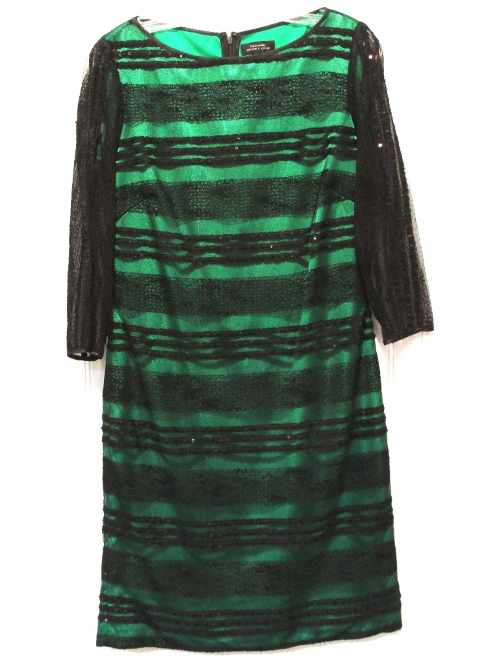Tahari Sheer Black on Green Sequined Cocktail Dress, Size 4